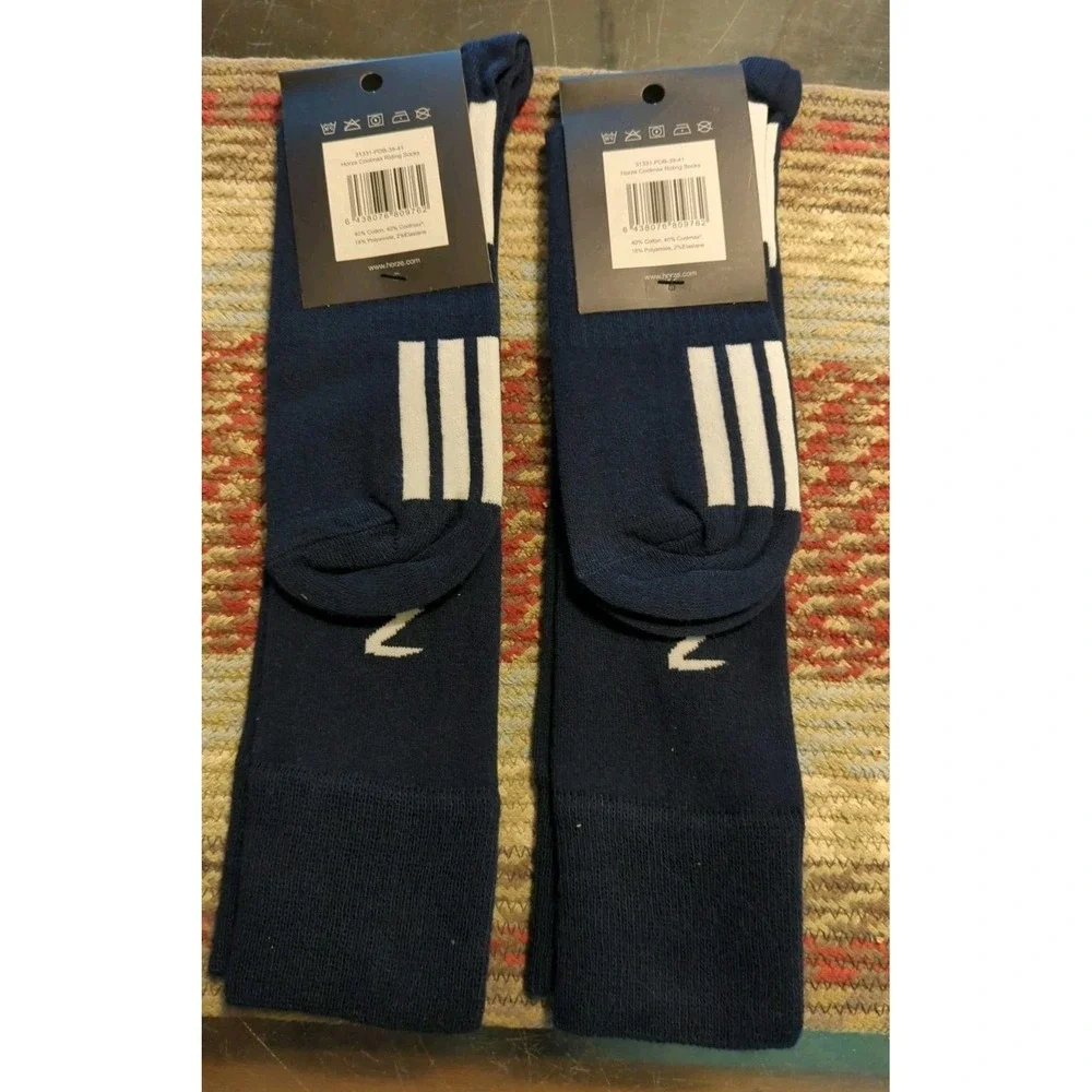 New 2 pair Horze Brand Navy Blue w/white COOLMAX TALL‎ SOCKS Horse riding